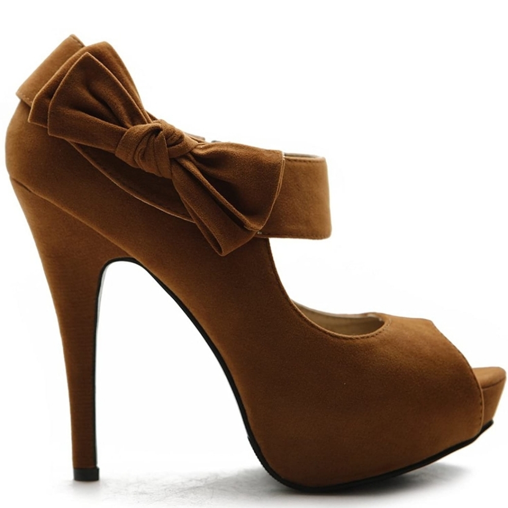 Brown Suede look platform bow heels 5in